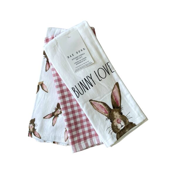 Rae Dunn Cotton Kitchen Towels BUNNY LOVE Easter Rabbit Spring Set of 3 NEW - Picture 1 of 9